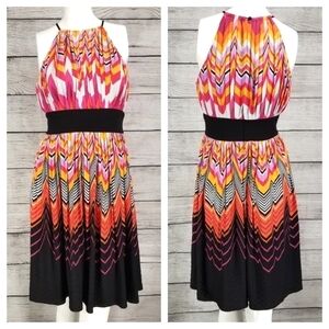Maggy London Size 2 Fit & Flare Dress Midi High Neck Sleeveless Multicolored